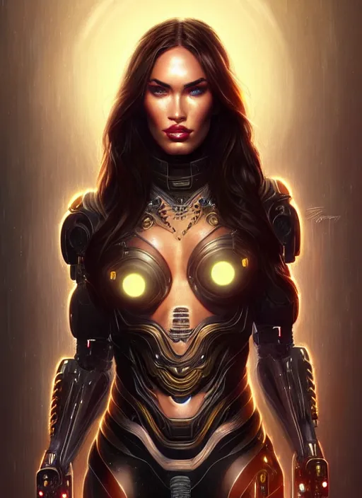 Prompt: portrait of cyborg warrior, megan fox, intricate, elegant, glowing lights, highly detailed, digital painting, artstation, glamor pose, concept art, smooth, sharp focus, illustration, art by artgerm and greg rutkowski, artey freytag