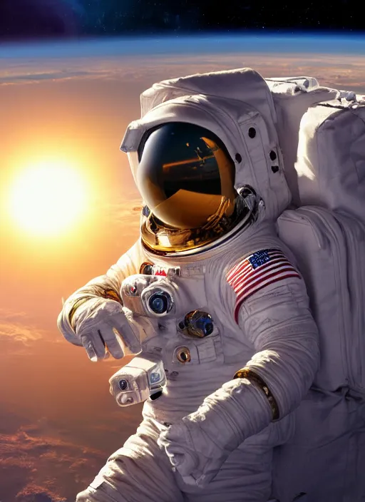 Image similar to Gorgeous NASA astronaut in space, cel-shaded, detailed, focused. Cinematic, hyper realism, realistic proportions, dramatic lighting, high detail 4k