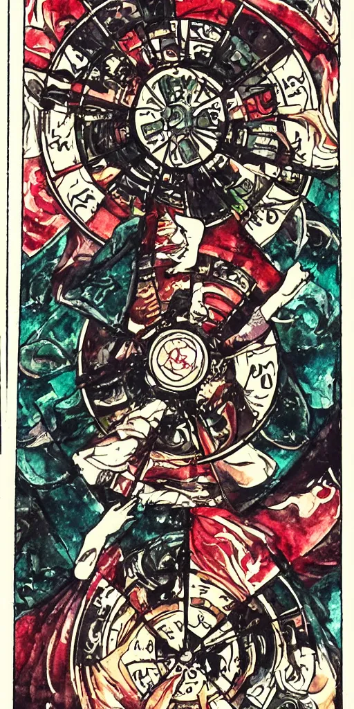 Prompt: balanced Wheel of Fortune tarot card by Koyoharu Gotouge