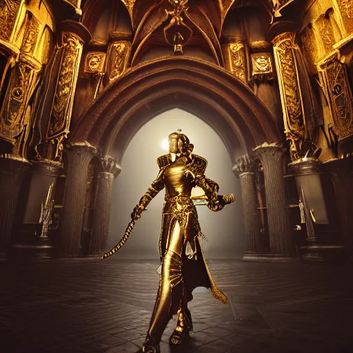 Image similar to female Knights of Zodiac , wings, ornate cyberpunk armor, ornate cyberpunk interior, ruins, cyberpunk cathedral, fighting at ancinet Agora of Athens,Golden Light, Cathedral, 8K, trending on artstation, volumetric light, lightrays, smoke, cinematic, atmospheric, insanely detailed and intricate, hypermaximalist, elegant, ornate, luxury, elite, painted by artstation, super detailed, face details trending on artbreeder, golden ratio