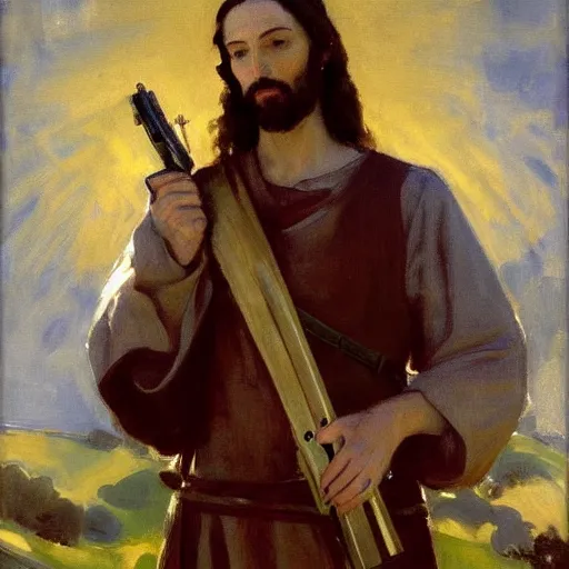 Prompt: painting jesus christ holding rifle, John Singer Sargent style