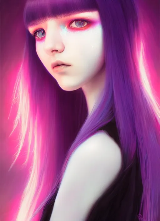 Image similar to hair whitebangs hair, black hair, whitebangs, portrait of teenage girl with white bangs, red irises, purple clothes, white bangs, bangs are different color from hair, intricate, elegant, glowing lights, highly detailed, digital painting, artstation, concept art, smooth, sharp focus, illustration, art by wlop, mars ravelo and greg rutkowski