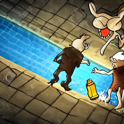 Image similar to photo, two ugly old men fight rat monsters 5 3 8 2 8 inside a swimming pool, highly detailed, scary, volumetric lighting