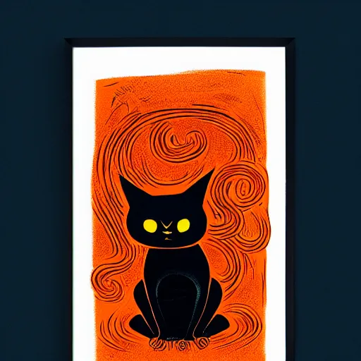 Prompt: a black terrific eldritch cat, hermaeus mora, linocut, moody, Karolis Strautniekas, Mads Berg, dramatic lighting, editorial illustration, detailed, fine texture, matte print, dynamic composition, dark orange+dark blue