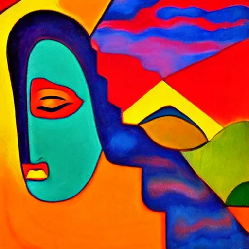 Image similar to woman as the natural landscape, her curves form the mountains and rivers of the land , high quality art in the style of cubism and georgia o’keefe,