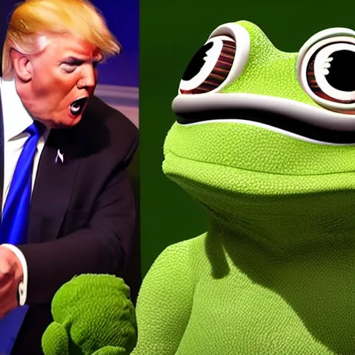 Image similar to pepe the frog having a talk with Donald Trump, ultra realistic