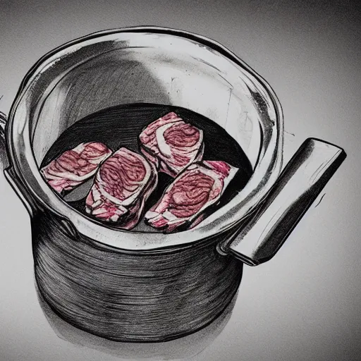 Prompt: a pot full of raw meat being mixed up, concept art