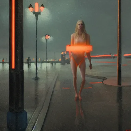 Prompt: Elle Fanning opening a portal on the beach in the world of Edward Hopper, stormy snowy weather, streetlights, extremely detailed masterpiece, oil on canvas, low-key neon lighting, artstation, Blade Runner 2049, Roger Deakin’s cinematography, by J. C. Leyendecker and Peter Paul Rubens,