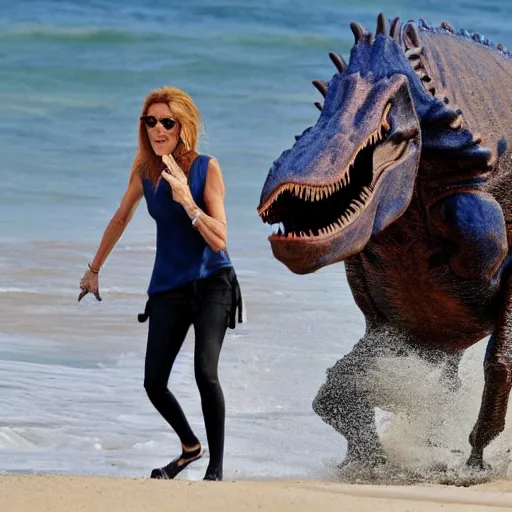 Prompt: celine dion riding a dinosaur at the beach