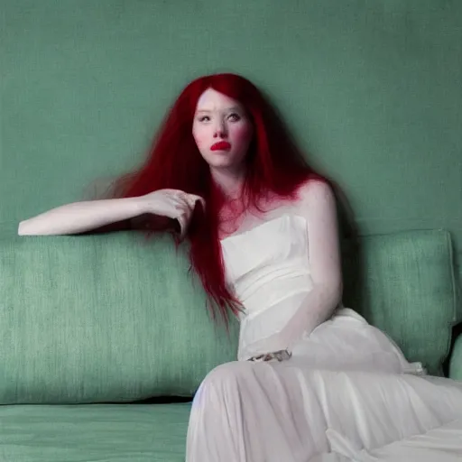 Image similar to young woman, long red hair, transparent white dress, lying on a red sofa, blue green colorscheme, desaturated colors, cinematic, painted in the style of jeremy lipking