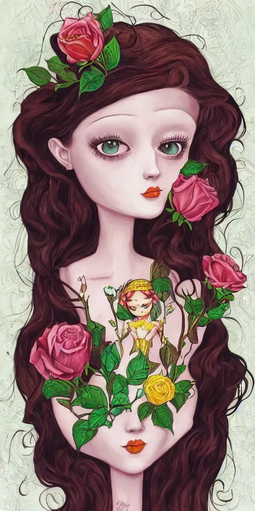 Image similar to a painting of a woman holding a rose, a surrealist painting by Jasmine Becket-Griffith, pinterest, pop surrealism, whimsical, art on instagram, surrealist ((((second face))))
