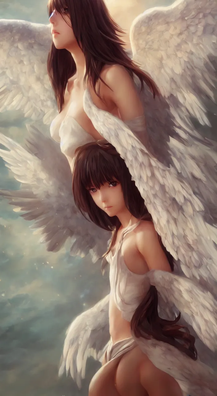 Image similar to an oil painting of a beautiful anime girl with angel wings, by artgerm, wlop and greg rutkowski, hd, hdr, ue 5, ue 6, unreal engine 5, cinematic 4 k wallpaper, 8 k, ultra detailed, high resolution, artstation, award winning