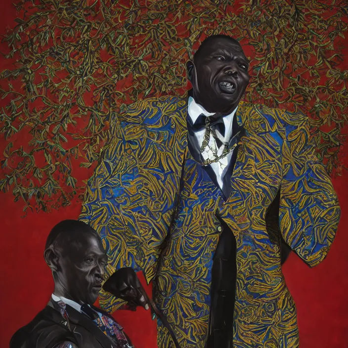 Image similar to a painting of a XXL wise elder from Kenya in a suit by Kehinde Wiley . dramatic angle, ethereal lights, details, smooth, sharp focus, illustration, realistic, cinematic, artstation, award winning, rgb , unreal engine, octane render, cinematic light, macro, depth of field, blur, red light and clouds from the back, highly detailed epic cinematic concept art CG render made in Maya, Blender and Photoshop, octane render, excellent composition, dynamic dramatic cinematic lighting, aesthetic, very inspirational, arthouse.