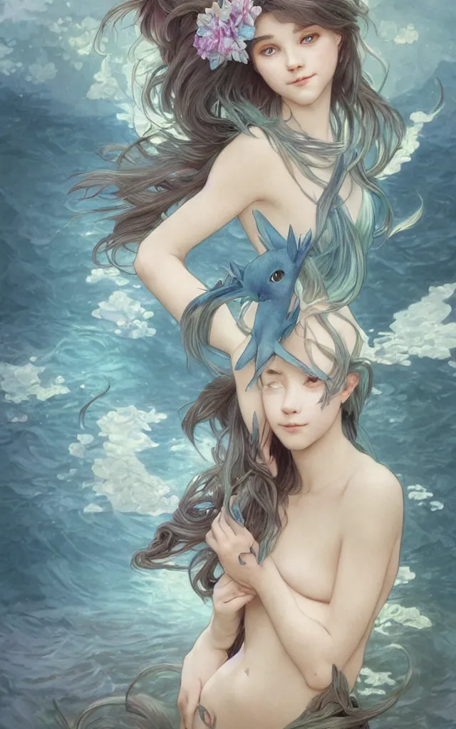 Prompt: Vaporeon Gajinka small human girl , highly detailed, digital pencil painting, human with animal features , hyper realistic, sharp focus, illustration, art by artgerm and greg rutkowski and alphonse mucha