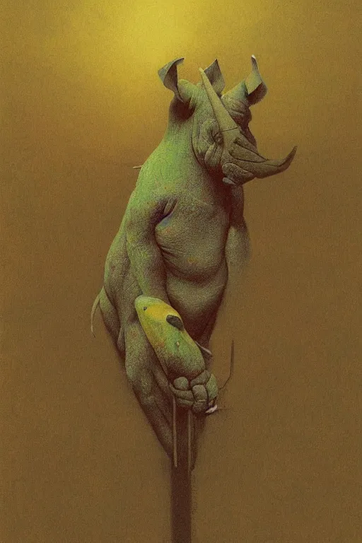 Prompt: painting of cross between parrot & rhino, intercrossed animal, by zdzislaw beksinski, by tiffany bozic, warm tone gradient background, concept art, beautiful composition, digital painting,