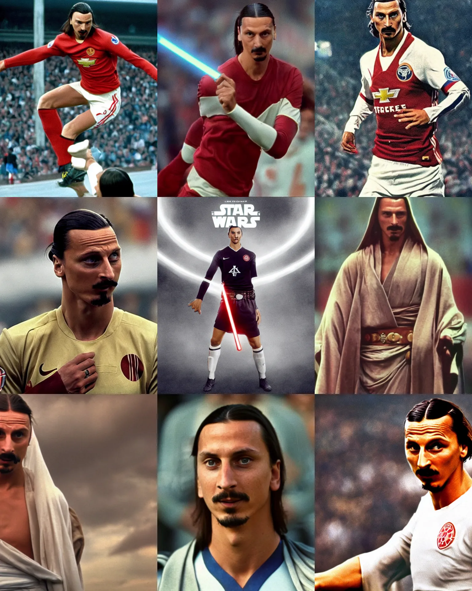 Prompt: Zlatan Ibrahimovic as Obi-Wan Kenobi in Star wars (1977) cinemascope and technicolor