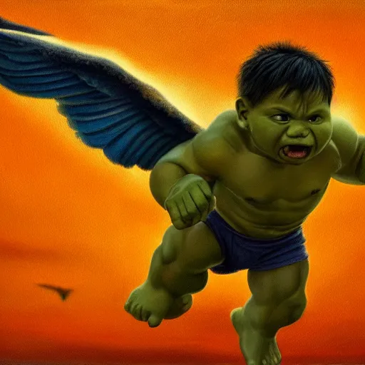 Image similar to a baby hulk with wings, flapping its wings flying in sunset sky, oil on canvas, portrait, intricate, 8k highly professionally detailed, HDR, CGsociety