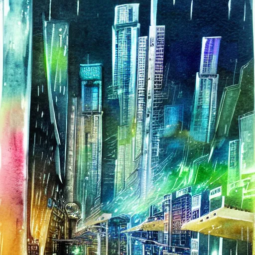 Image similar to futuristic Sci-fi cyberpunk city at night in the rain. Watercolour