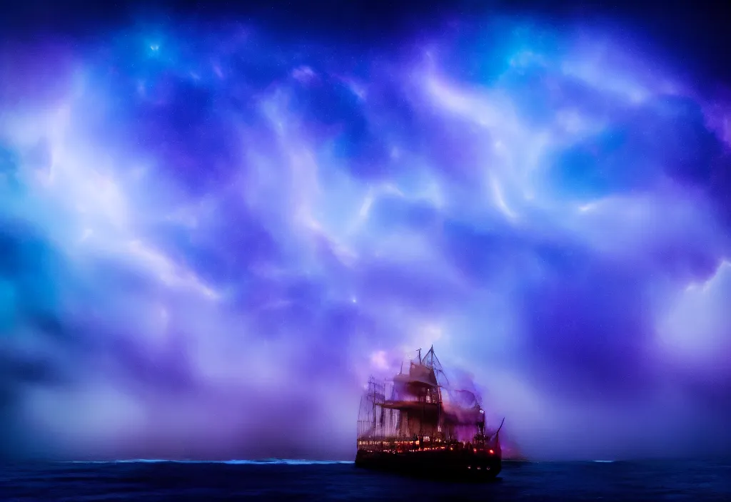Prompt: purple color lighting storm with stormy sea, pirate ship pirate ship pirate ship firing its cannons trippy nebula sky 50mm shot fear and loathing movie
