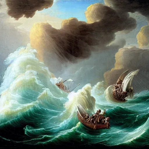 Image similar to an epic and beautiful rococo painting of a water-level view of Noah’s ark with the bow of the ark lifting out of the water in the turbulent swells of a violent stormy ocean. In the distance, a silver disc-shaped alien craft hovers high above the ark, dramatic thunderous sky. breaking light. light particles. ultra-detailed. Anime, pixiv, UHD 8K CryEngine, octane render