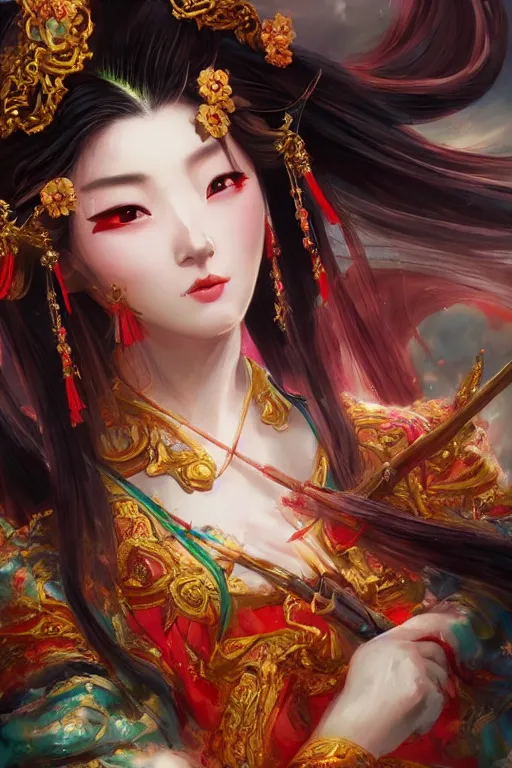 Prompt: diao chan from romance of three kingdoms in the pretty paintetly style of WLOP, artgerm, brush stroke oil painting pre raphaelite, imagine fx, artstation