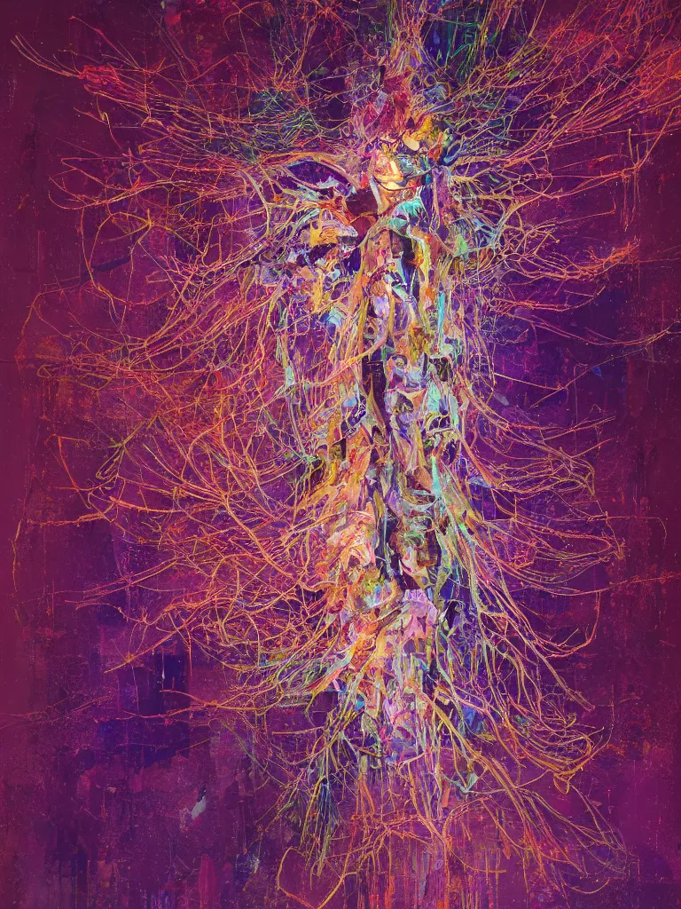 Image similar to a beautiful glitched abstract painting by dale witherow of a glitched human nervous system by robert proch, color bleeding, pixel sorting, copper oxide material, brushstrokes by jeremy mann, studio lighting, pastel purple background, square shapes