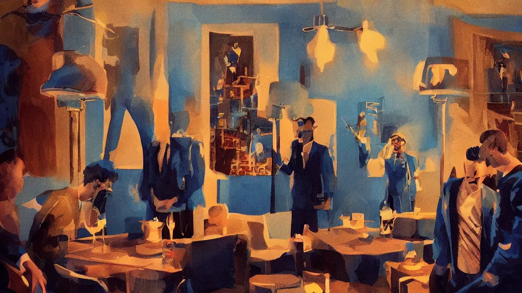 Prompt: A blue neck party at a luxury hotel, in the style of David Lynch, by Wes Anderson, concept art, artstation