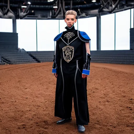 Image similar to medium face shot of adult Austin Butler dressed in futuristic-tudoresque black-prussian blue garb with embroidered-Ram-emblem, and nanocarbon-vest, in an arena in Dune 2021, XF IQ4, f/1.4, ISO 200, 1/160s, 8K, face in-frame