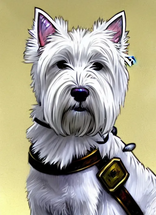 Prompt: a west highland white terrier sitting politely, facing the camera, anime art style, wearing futuristic, led - lit armor, and a cannon mounted on his back, portrait, high detail, sharp focus, digital painting, artstation, concept art, art by hayao miyazaki and artgerm and greg rutkowski and alphonse mucha.