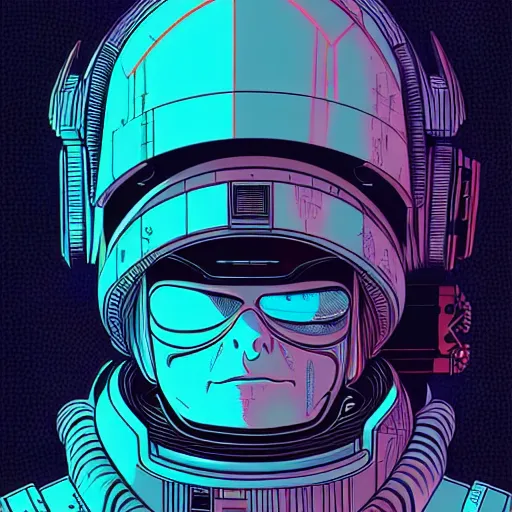 Prompt: close up portrait of a 23rd century Space Pirate by James Jean Dan Mumford Strongstufftom, most wanted, skull helmet, glorious data traveler, Ghost in the shell, Akira, cyberpunk, Blade Runner