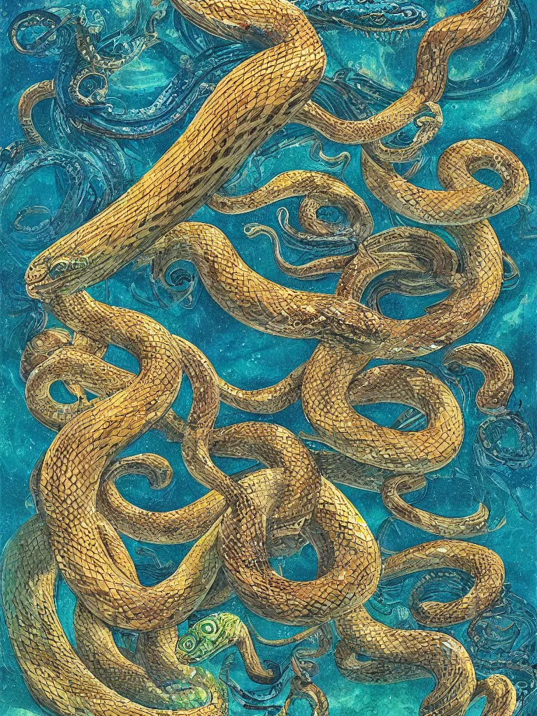 Prompt: ultradetailed painting of a slithering snake, chaotic primordial scene, volumetric lighting, serpent tarot card by Frieda Harris