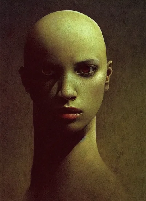 Image similar to bald barbarian teen girl by Beksinski