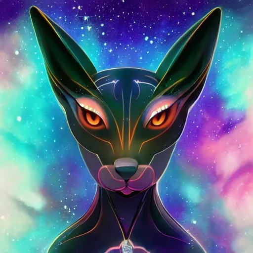 Image similar to geometric symmetrical umbreon with galaxy eyes in space, nebula in the background, intricate, elegant, highly detailed, digital painting, artstation, concept art, smooth, sharp focus, illustration, art by artgerm