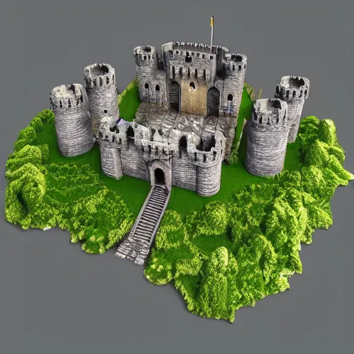 Image similar to medieval castle in a jungle, 3 d, isometric, courtyard, very low poly