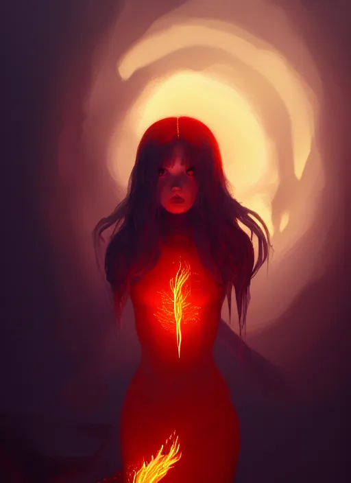 Image similar to satan daughter, wearing, outfit, clothes, full body, fire, hell, lightning, pyromancer, intricate, elegant, highly detailed, digital painting, artstation, concept art, smooth, sharp focus, illustration, ethereal, misty, by ilya kuvshinov and jeremy mann, 8 k, octane render