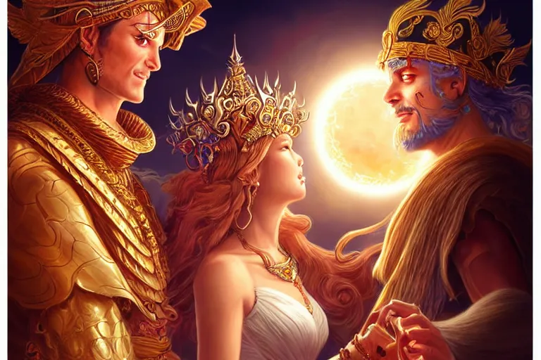 Image similar to close up moment of a divine a sun god and a moon goddess lovers magician at a wedding banquet, highly detailed, d & d, fantasy, highly detailed, digital painting, trending on artstation, concept art, sharp focus, illustration, art by artgerm and greg rutkowski and magali villeneuve