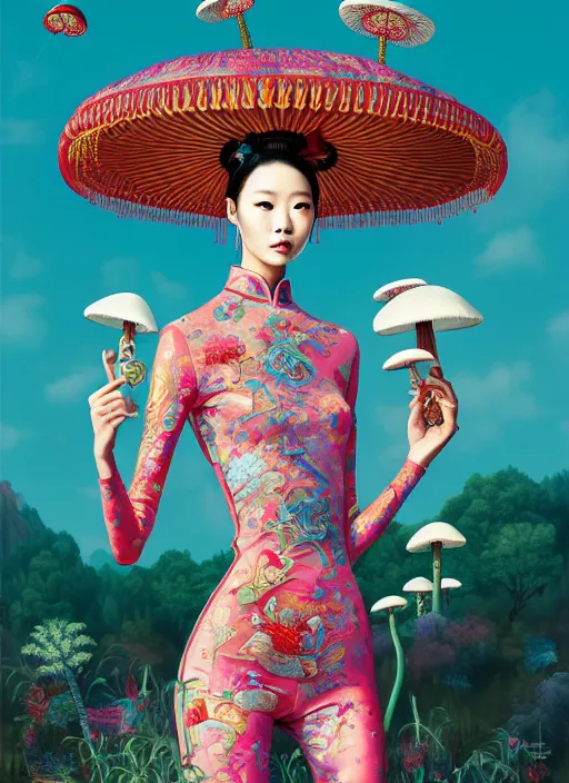 Image similar to pretty chinese model with hallucination mushroom : : by martine johanna and simon stalenhag and chie yoshii and casey weldon and wlop : : ornate, dynamic, particulate, rich colors, intricate, elegant, highly detailed, centered, vogue, harper's bazaar art, fashion magazine, smooth, sharp focus, octane render, 8 k