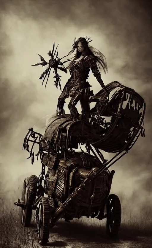 Prompt: vertical movie frame with female warrior riding ancient steam punk buggy, hunting, armor inspired by diablo and fashion, strong blooded body, brutal blooded symmetrical face, epic, cinematic lighting, award winning, establishing shot, extremely high detail, photorealistic, brutal, provocative, natural lighting, octane render, old photo, vintage, black and white, sepia, old photography, documentary photography
