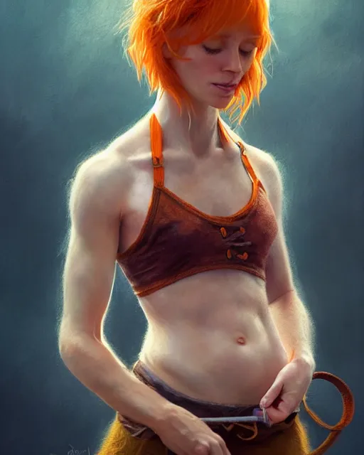 Prompt: female seamstress sewing, perfect face, magic, halter top, ginger hair, abs, cinematic, freckles, stunning, adorable, cute, athletic, strong, agile, highly detailed, psychedelic, digital painting, artstation, smooth, hard focus, illustration, art by jessica rossier and and brian froud