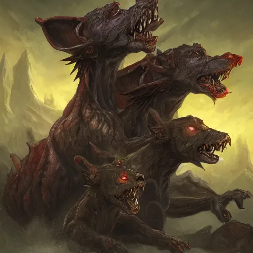 Image similar to three headed hellhound, hell background, cerberus monster, epic fantasy style, in the style of Greg Rutkowski, hearthstone artwork