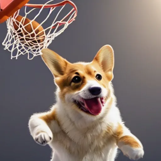 Image similar to film still of a corgi in a jersey dunking a basketball like michael jordan, low angle, show from below, tilted frame, 3 5 °, dutch angle, extreme long shot, high detail, indoors, dramatic backlighting.