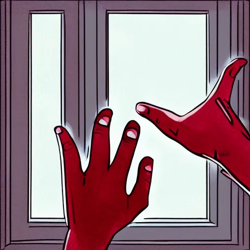 Prompt: a persons hand slamming on a window illustration trending on art station high quality creepy