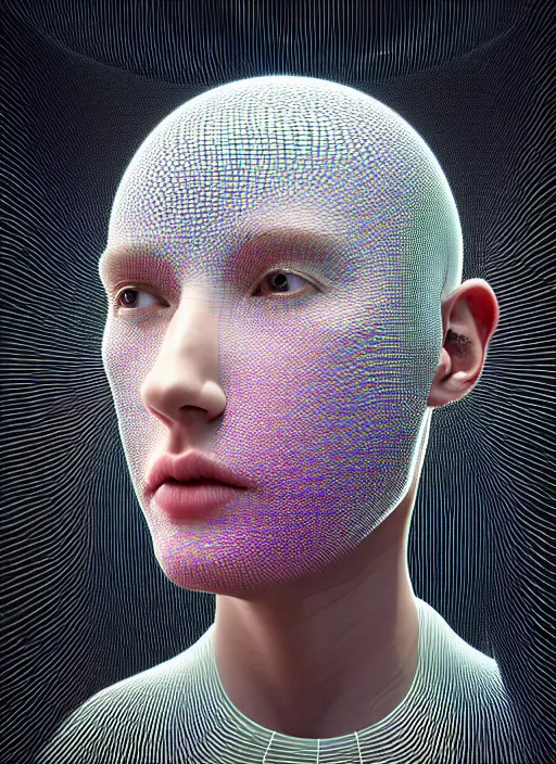 Image similar to highly detailed surreal vfx portrait of a 3 d head made of speaker stacks. 🔈 polyphonic pulse projections, liquid light, metallic, galactic, crystalline edges, elegant, centered hyperrealistic, octane render, inspired by james jean, okuda sam miguel, android jones, beeple, rhads nvidia raytracing demo, 8 k