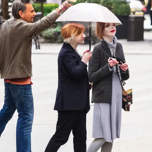 Prompt: Mr Bean dating Emma Stone, TMZ, XF IQ4, f/1.4, ISO 200, 1/160s, 8K, Sense of Depth, color and contrast corrected, Nvidia AI, Dolby Vision, symmetrical balance, in-frame