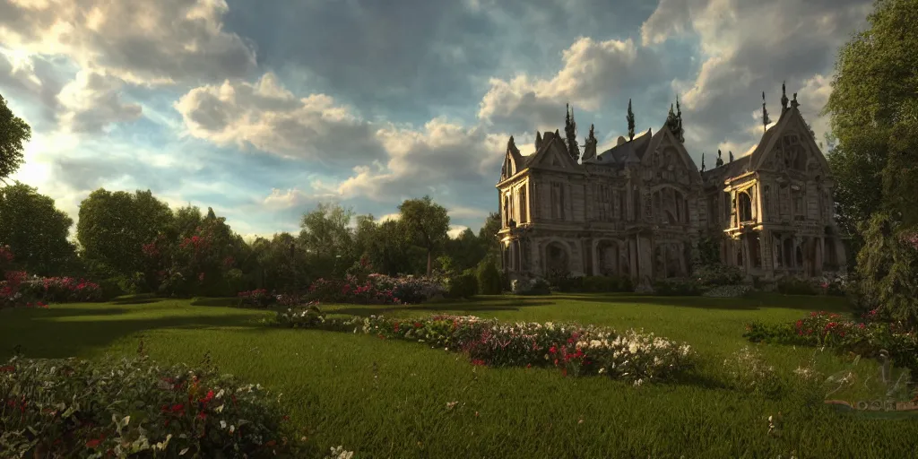Image similar to gothic, mansion, few clouds, dawn, flowerbeds, trees, french garden, god rays, realistic, cinematic lighting, very detailed, very ornate, volumetric, by artstation, artemisia gentileschi, wide angle