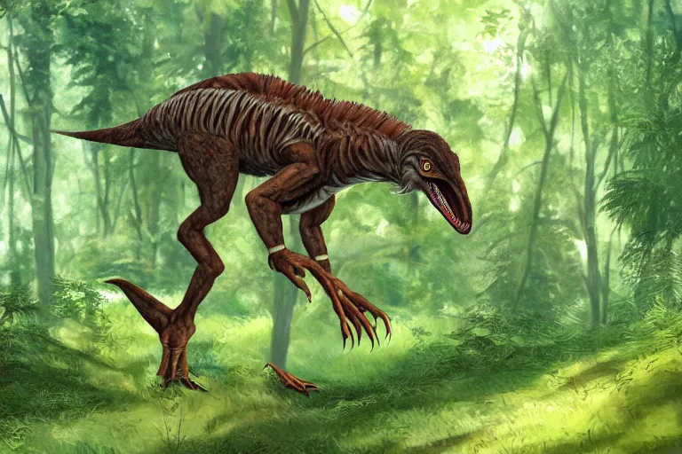 Image similar to highly detailed photograph of a oil velociraptor!!!!! in the forest, featured on pixiv