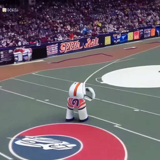 Prompt: security camera footage of a sports mascot pouring a carton of milk on the floor