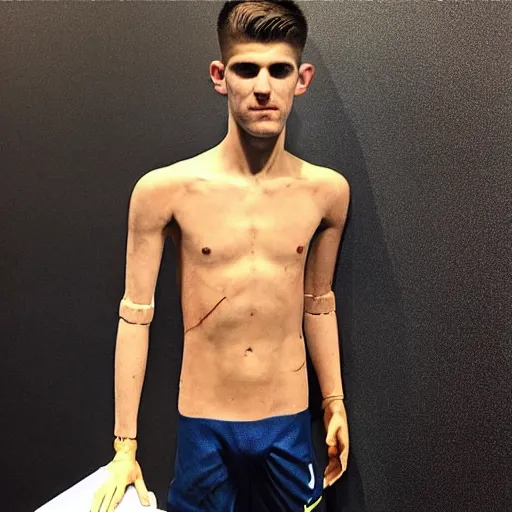 Image similar to “a realistic detailed photo of a guy who is an attractive humanoid who is half robot and half humanoid, who is a male android, Christian Pulisic, shiny skin, posing like a statue, blank stare, press conference, on display”