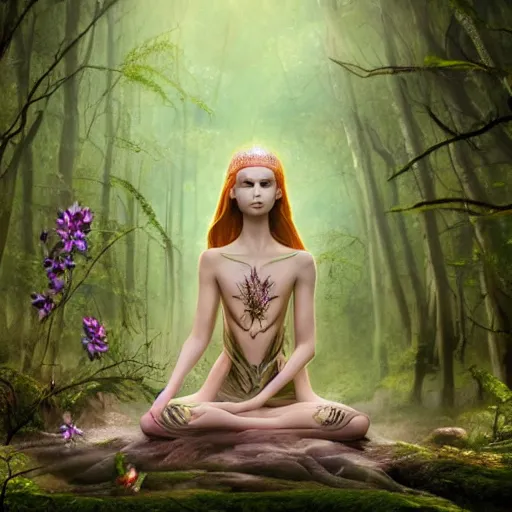 Prompt: elven princess meditating in forest, magical flowers, surrounded by fairies, beautiful face, wisps, surreal, surrealist art, photo, trending on artstation, ultra detailed, intricate, sacred geometry, serene, beautiful, photo, realistic, perfect, smooth, light shafts, light diffusion, chromatic aberration, moebius, by moebius, peter mohrbacher, eye contact, symmetry, magical princess, liquid, flowing, misty forest