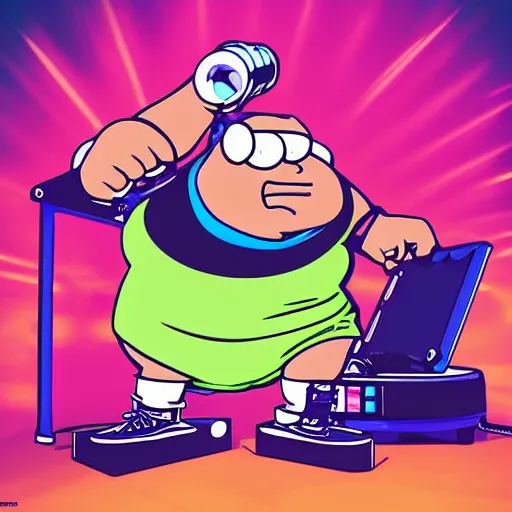 Image similar to svg sticker of a Family-Guy Peter-Griffin at a rave, spinning records, giant headphones rocking out, wearing headphones, huge speakers, dancing, rave, DJ, spinning records, digital art, amazing composition, rule-of-thirds, award-winning, trending on artstation, featured on deviantart